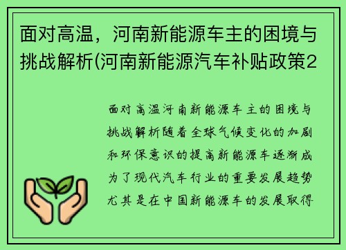 面对高温，河南新能源车主的困境与挑战解析(河南新能源汽车补贴政策2020)